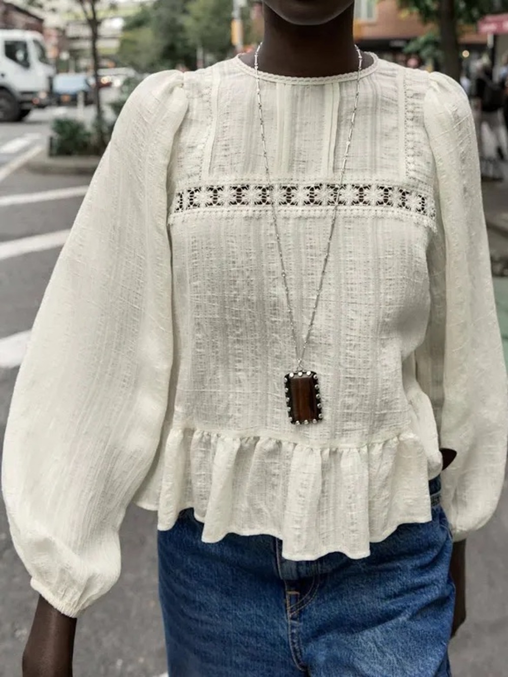 ZARA Embroidered Lace Peplum Blouse Boho Cream Medium